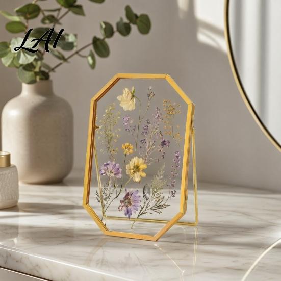 Customizable Photo Display Glass Press Frame for Dried Flowers Octagonal Metal Shadow Box with Personalized Memory Clear Glass Wall Hanging