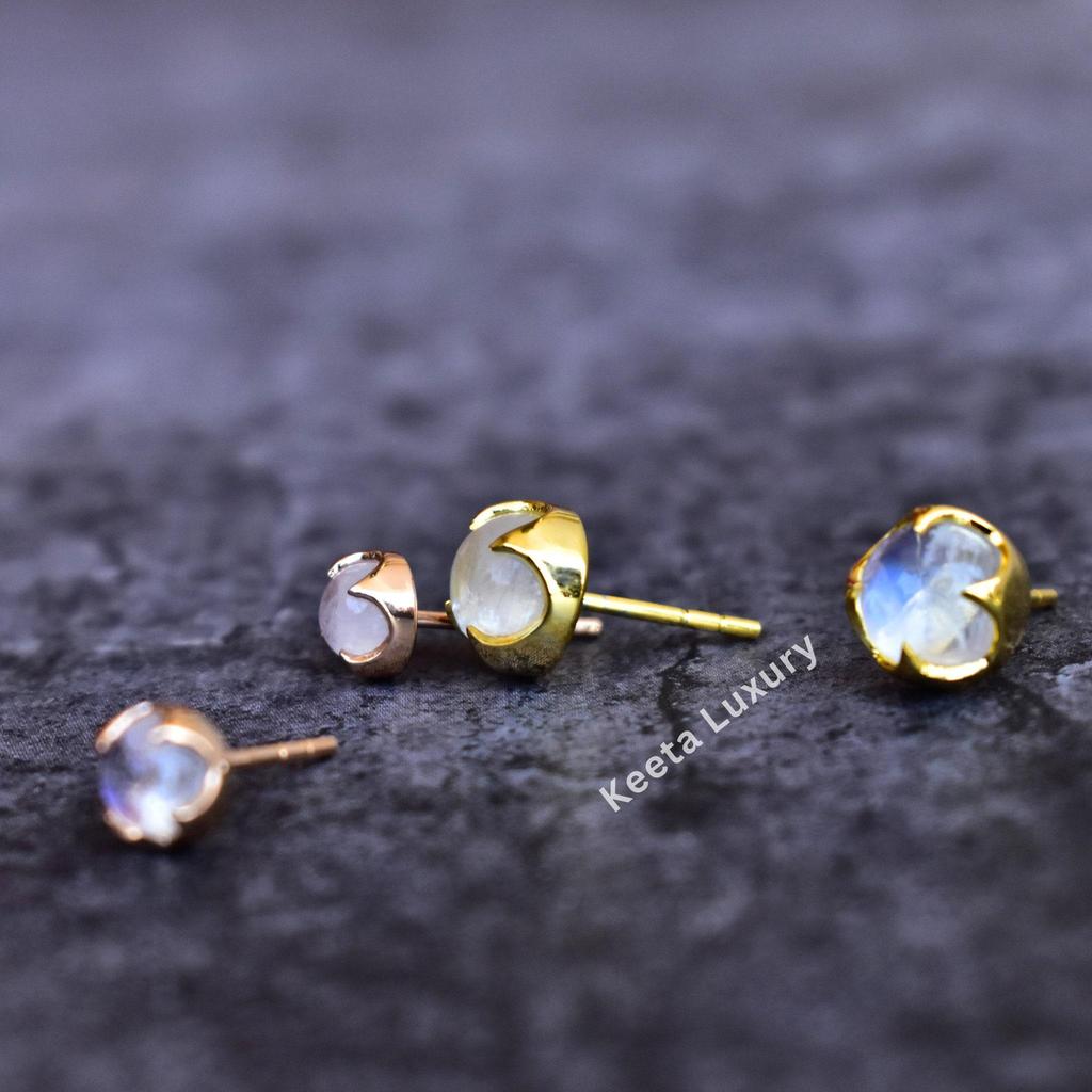 Rose Gold Moonstone Earrings, small bohemian crystal studs, 6mm and 8 MM Moonstone Cabochon Earrings , Everyday earrings, birthday gift