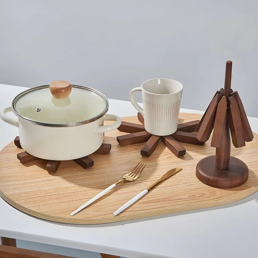 Foldable Wooden Trivet for Hot Dishes Non-Slip Placemats Ornaments Walnut Tree Table Mat Set  Pot