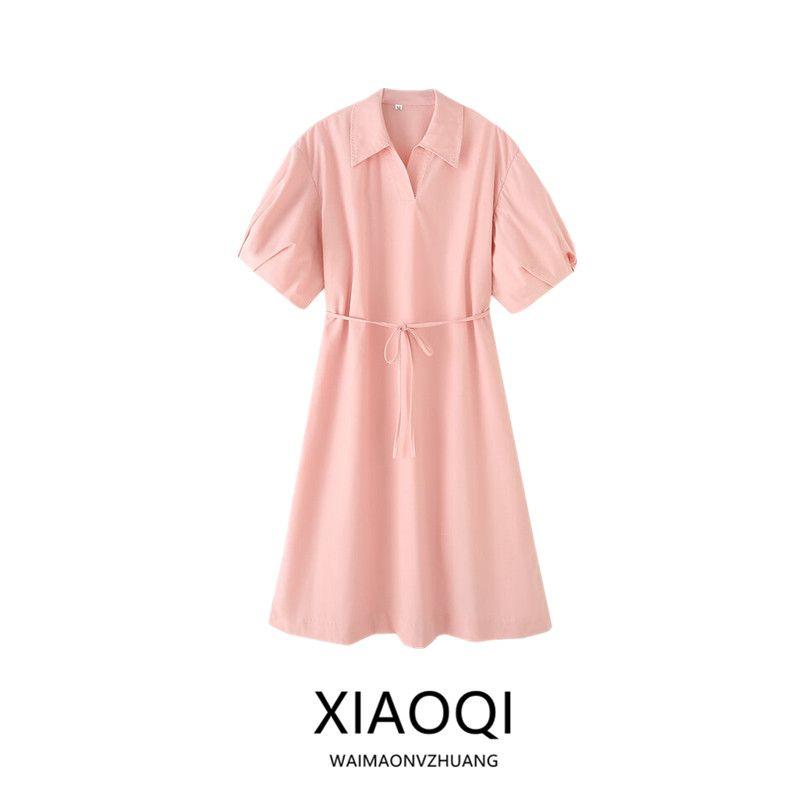 Fashion Style 2024 Summer New Arrival Women's Clothing Temperament Wild V Neck Pure Cotton Tied Shirt Style Mid Length Long Length Dress