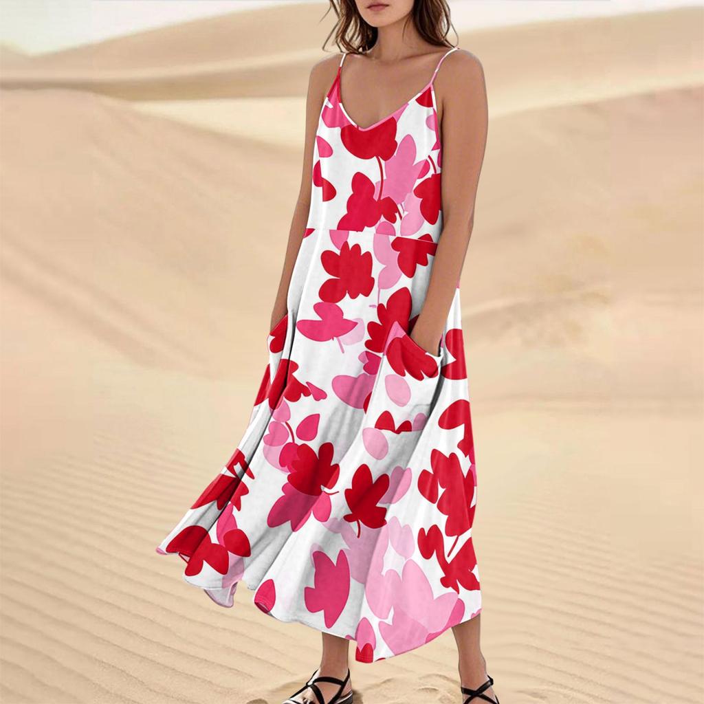 Женское модное повседневное длинное пляжное платье без рукавов с карманом и цветочным принтом