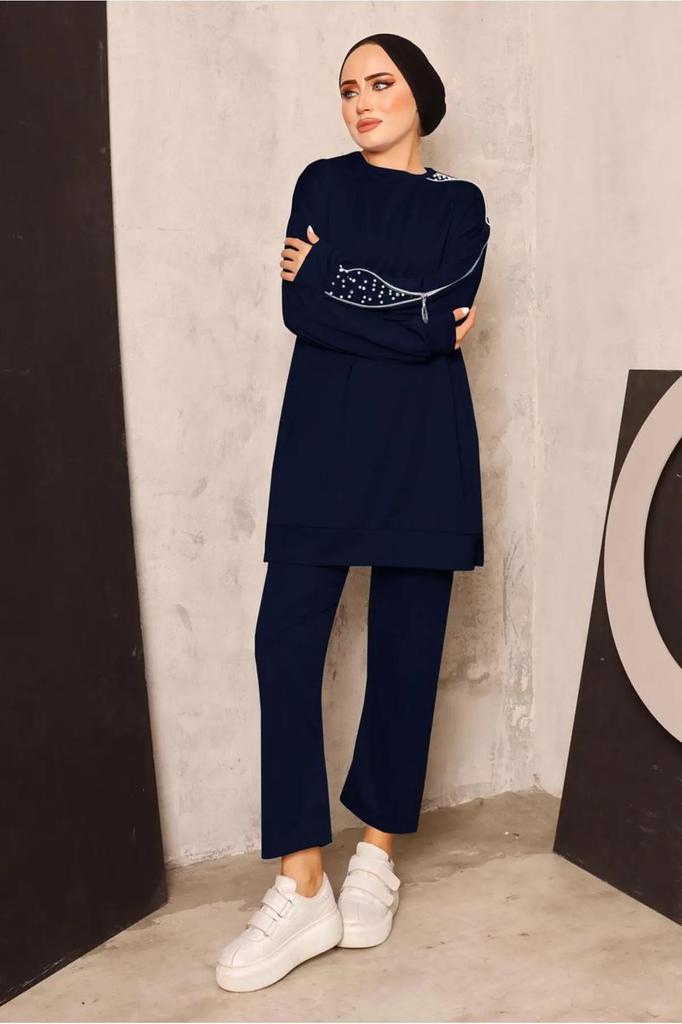 Женский комплект из длинной туники и брюк в хиджабе с жемчугом и молнией
