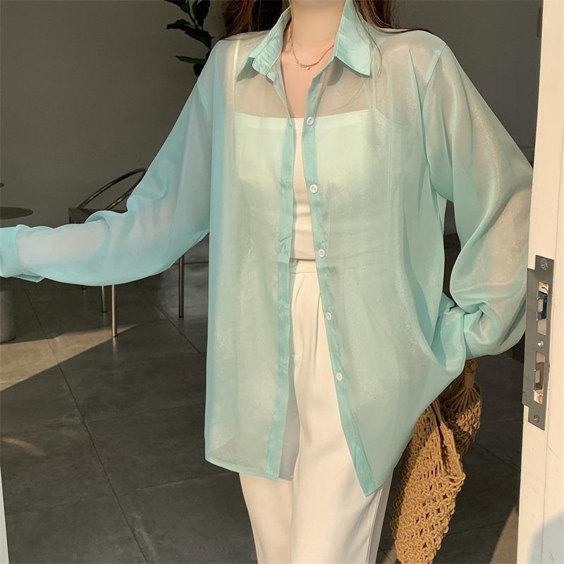 Back Split Lace-up Casual Loose Shirts Women Fashion New See Through Long Sleeve Women's Blouses Thin Breathable Sun Protection Office Lady Tops 26108