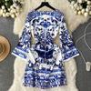 Autumn Vintage Brand Designer Print Runway Dresses Women Flare Sleeve Mini Short Party Dress