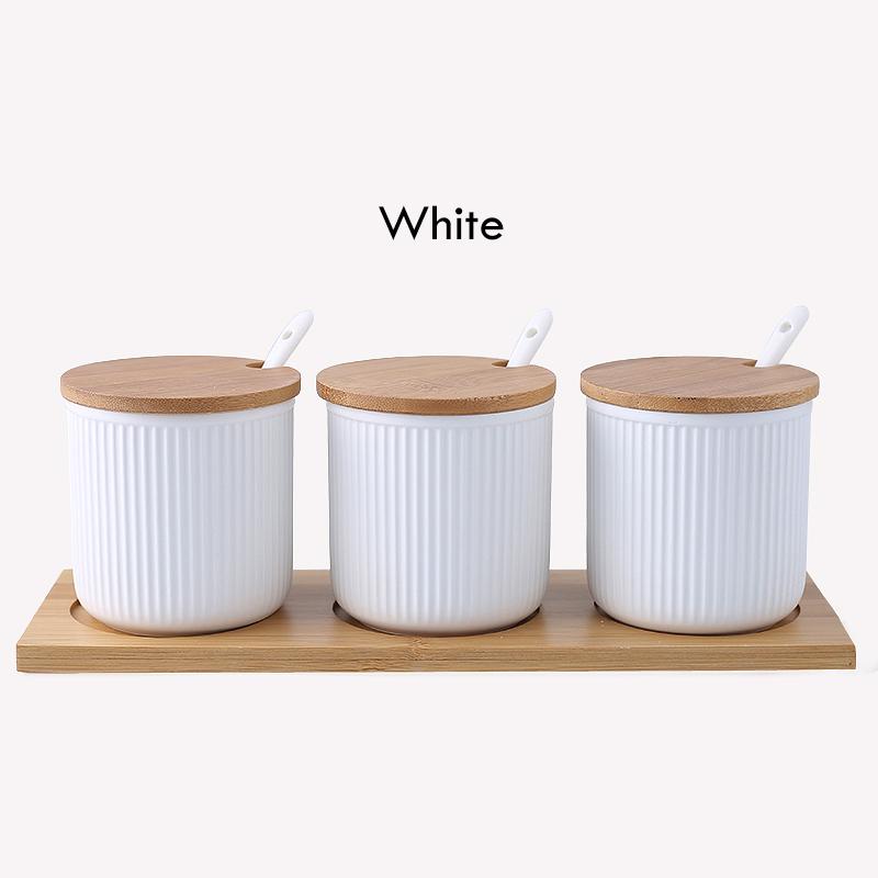 Керамическая банка для хранения приправ, соли, сахара, специй, перца с бамбуковой крышкой, поддон для 3 баночек для приправ с ложками