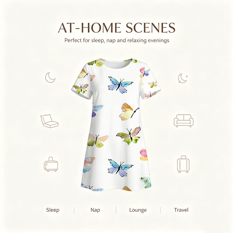 Short Sleeve Nightgown, Round Neck, White Base Watercolor Multicolor Butterfly Print, Loose Straight Cut, Women Comfort Sleepwear