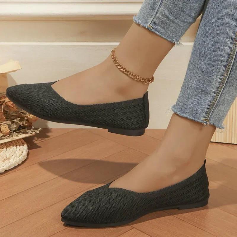 Женские туфли на плоской подошве с круглым носком. Удобные вязаные балетки на плоской подошве. Повседневная обувь без шнуровки на мелкой подошве. Офисные топсайдеры. Мокасины больших размеров.