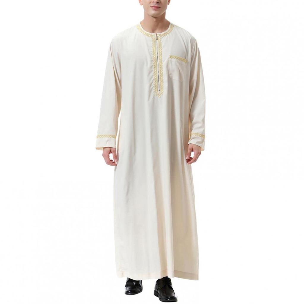 Men's Muslim Shirt Print Kaftan Islamic Royalty Dubai Robe O-Neck Long Sleeve Retro Tunics Abaya Loose Kandoura