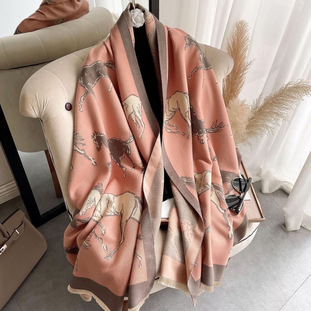 Elegant Autumn And Winter Versatile Horse Jacquard Imitation Cashmere Scarf Women'S Short Beard Tassel Travel Outside With Warm Scarf