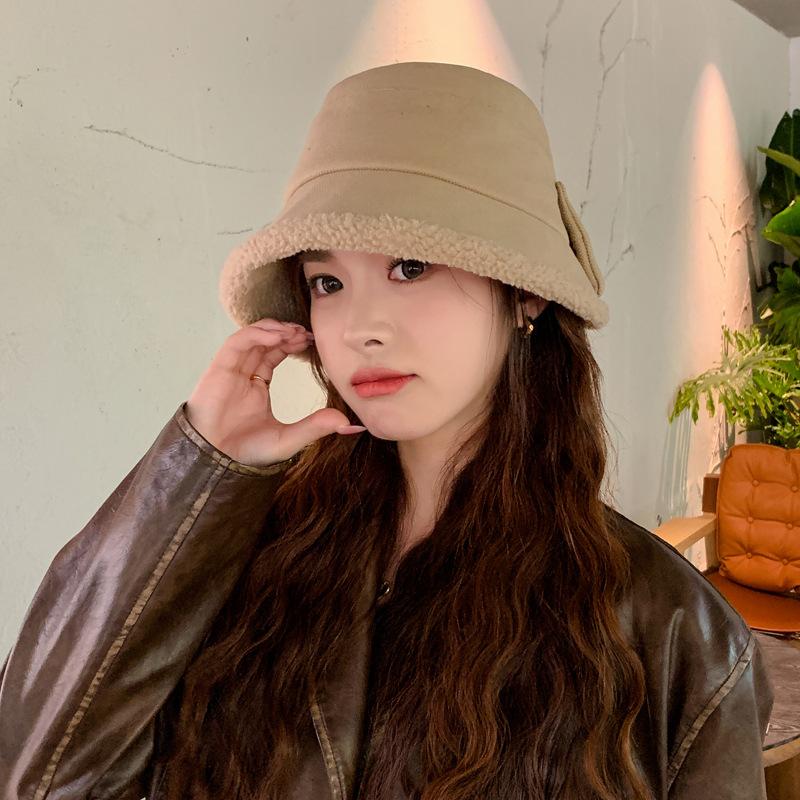 Шляпа женская японская шляпа-ведро из искусственной овечьей шерсти с бантом, утолщенная плюшевая теплая повседневная универсальная шляпа-тазик Tide