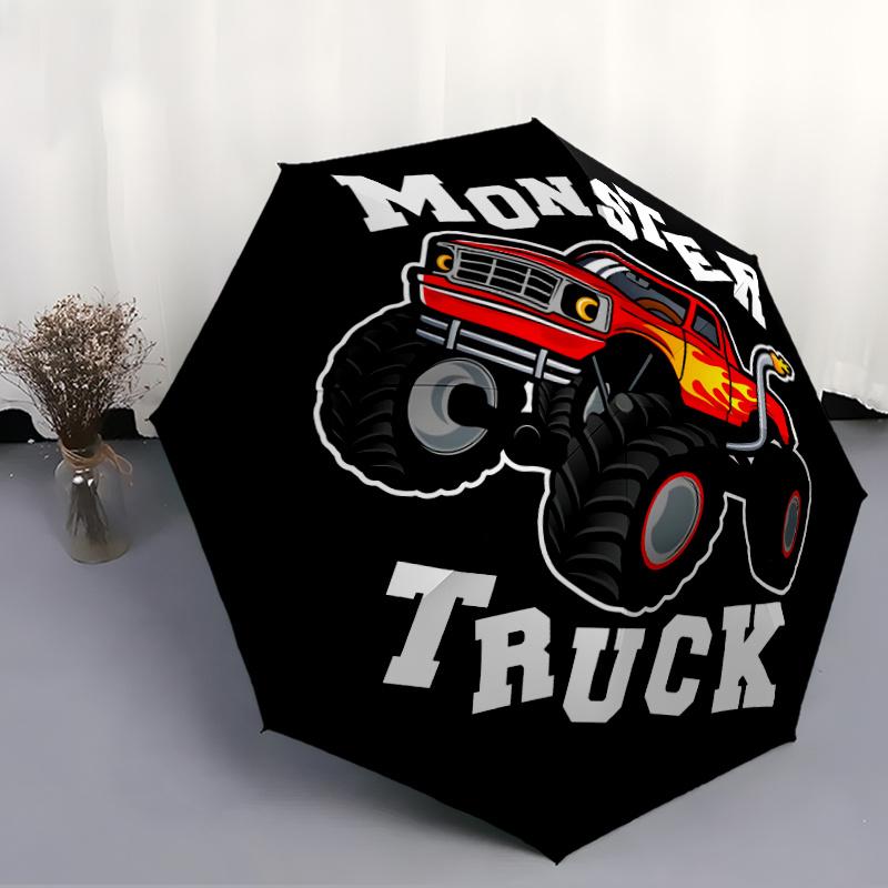 Monster Truck Red Flames Big Wheels Adventure Outdoor Automatic Umbrella Compact 8Rib Design Foldable Design Perfect For Outdoor Adventures Outdoor