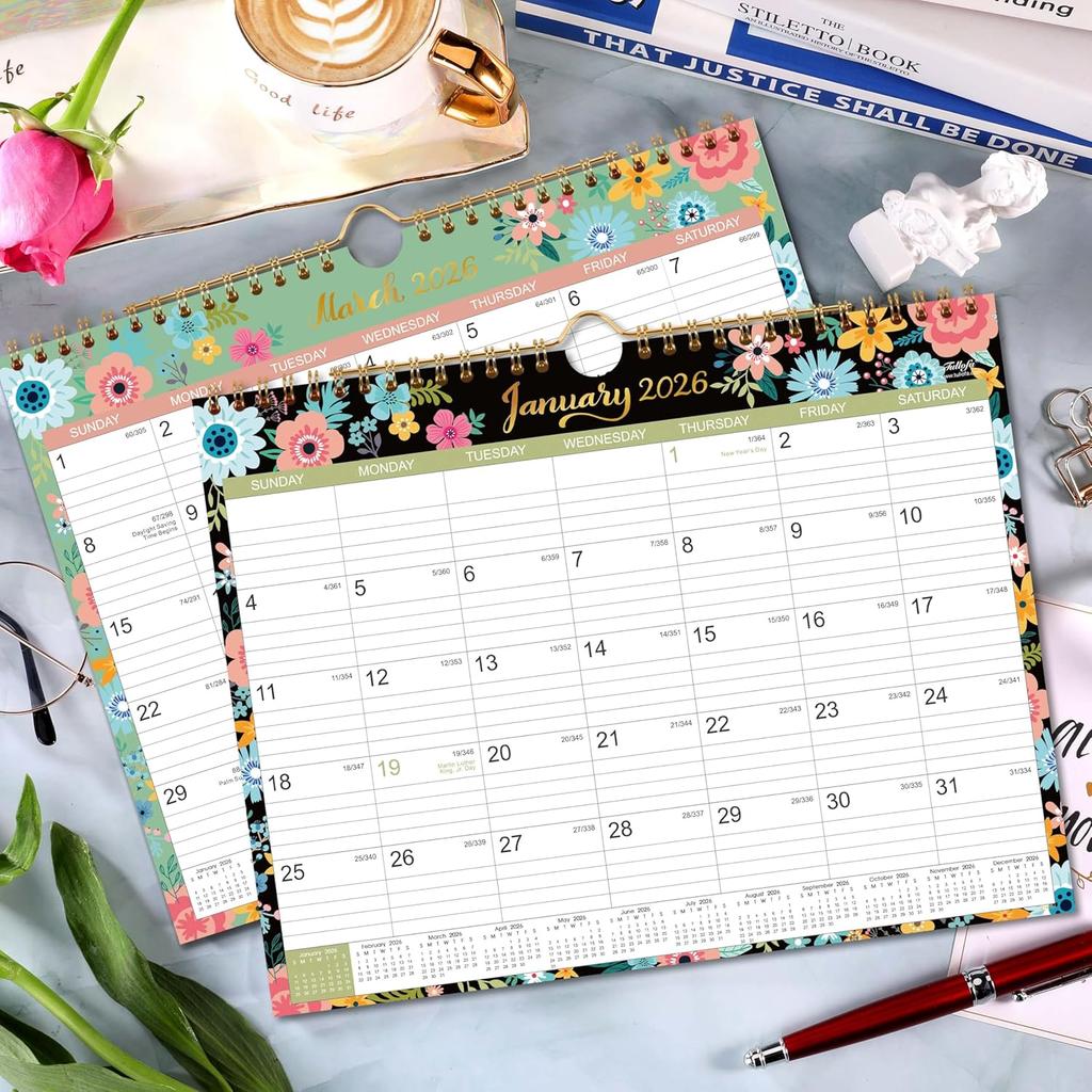 2026 Calendar - Wall Calendar 2026 with 12 Months, Jan. 2026 - Dec. 2026, 14.6" x 11.5", Twin-Wire Binding + Hanging Hook + Large Blocks with Julian