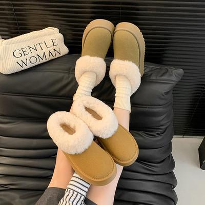 Женские плюшевые сапоги с широким голенищем, большого размера, на толстой подошве, увеличивающие рост, зимние, теплые, меховые, сапоги-сноубутсы, на подкладке, ботильоны до щиколотки, нескользящие, походные кроссовки, хлопковые сапоги