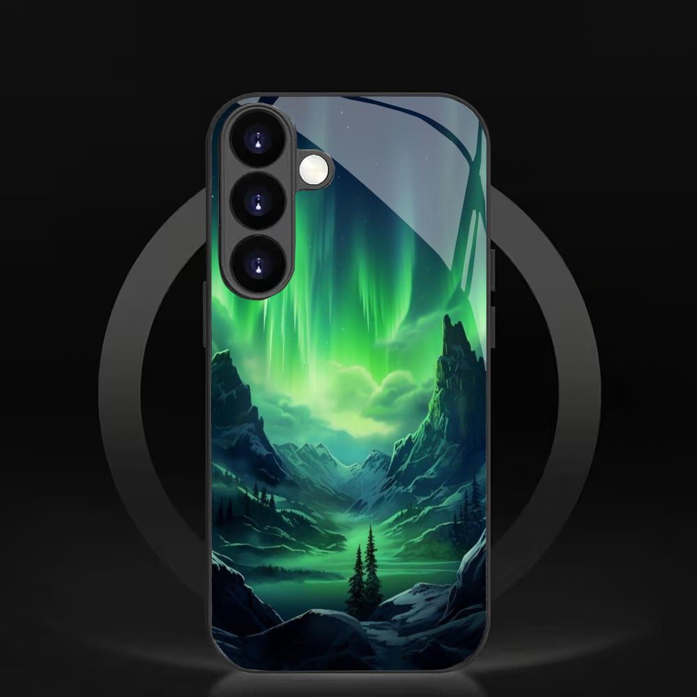 Чехол для телефона из закаленного стекла "Зеленая Аврора" подходит для Samsung Galaxy S26 S25 S24 S23 S22 S20 FE/Ultra/Plus противоударная задняя крышка