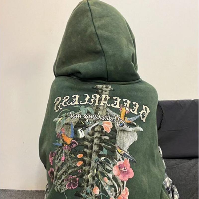 Толстовки в стиле Харадзюку в стиле готический гранж с черепом и цветочной вышивкой, винтажный флисовый свитшот, уличная одежда большого размера с буквенным принтом