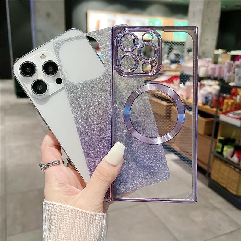 For iPhone 15 Pro Max Luxury Plating Magsafe Magnetic Frame Glitter Phone Case For iPhone 11 12 13 14 15 16Plus Protective Cover