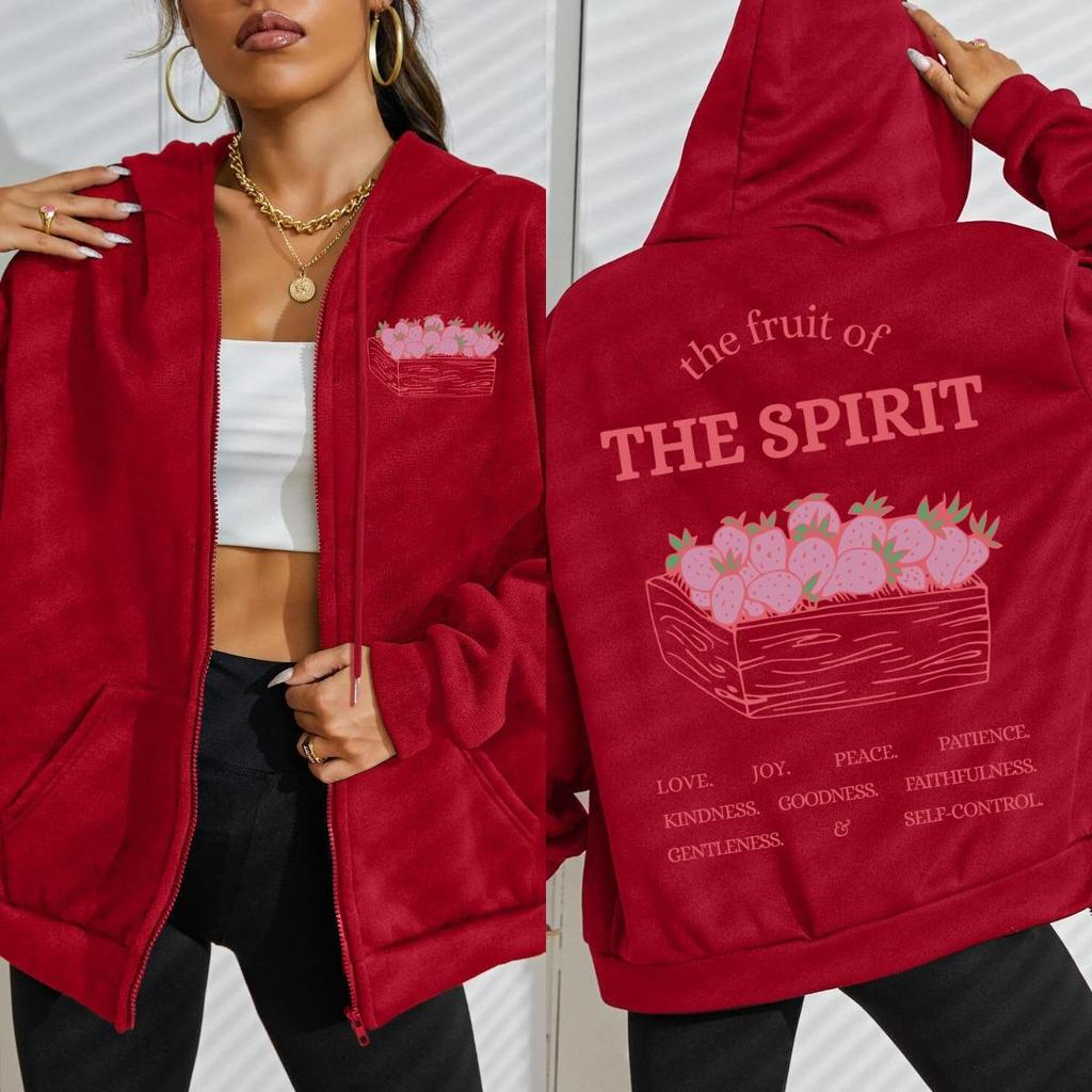 The Fruit Of The Spirit Strawberry Prints Women Zipper Hoodies Harajuku Casual Hoody Loose Clothes Autumn Top