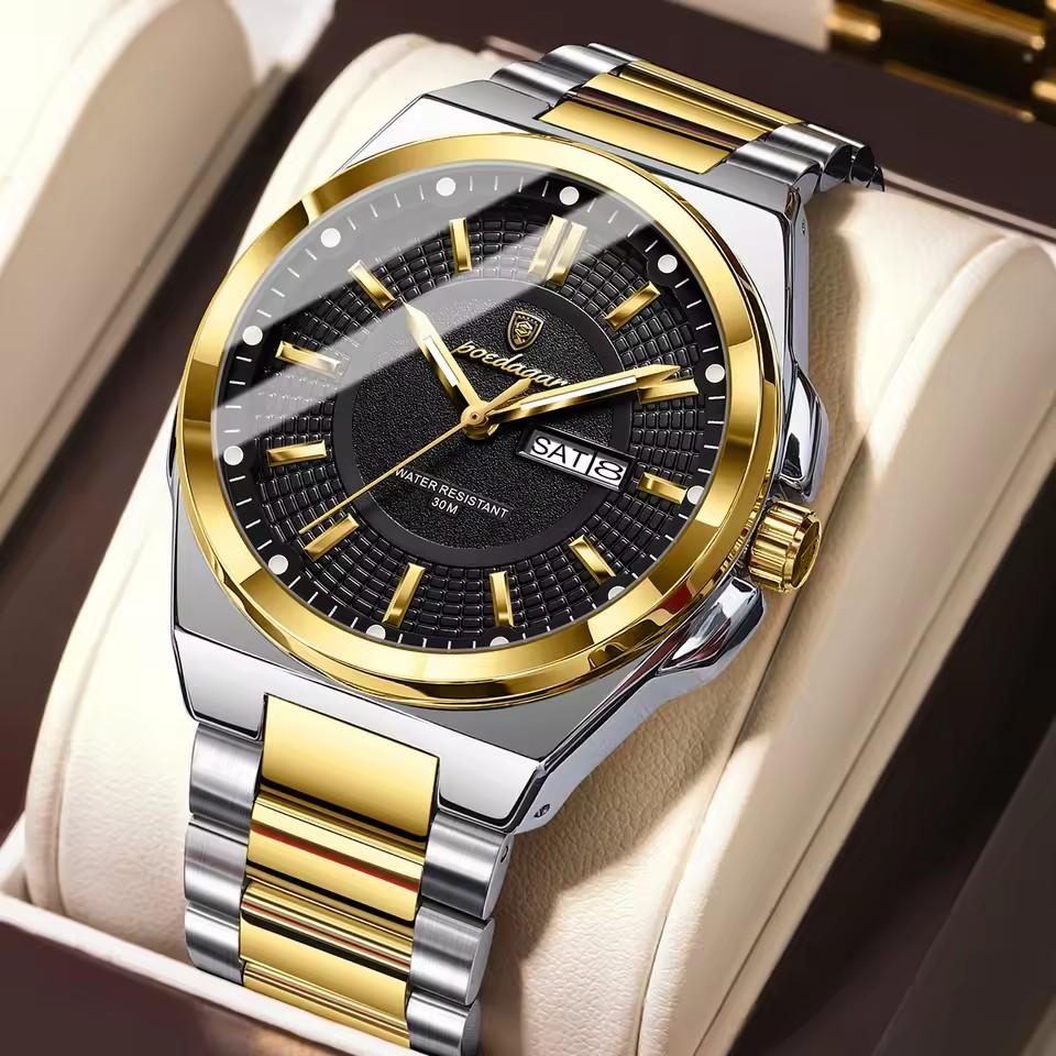 POEDAGAR 896 Stainless Steel Strap Fashion Gold Dial Diver Watch Men Waterproof Date Quartz Clock Sport Luminous Watches Relogio