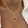 Women Necklace Double-layered with Blade And Heart Pendant Red Rhinestone Decor Stainless Steel Valentines Day Anniversary Gift Neck Jewelry