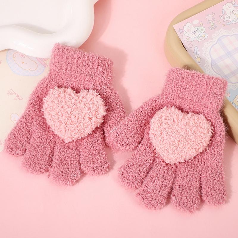 Winter Coral Fleece Gloves for Girl Cute Heart Thicken Plush Warm Full Finger Mittens Kids Windproof Anti-Cold Gloves