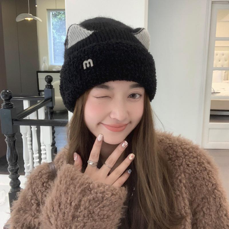 Милая шапка-кошка, женская теплая вязаная шапка, универсальная зимняя шерстяная шапка с изображением лица, маленькая японская холодная шапка