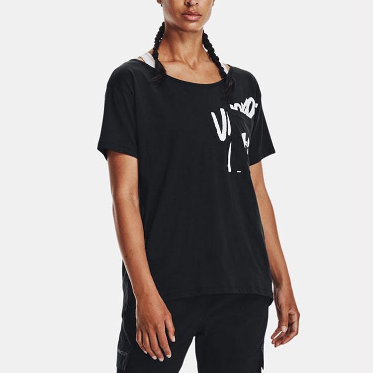 Under Armour Wordmark Casual Sports Breathable Printed Short Sleeve Drop Shoulder T-Shirt Women T-Shirts Black 1366132-001