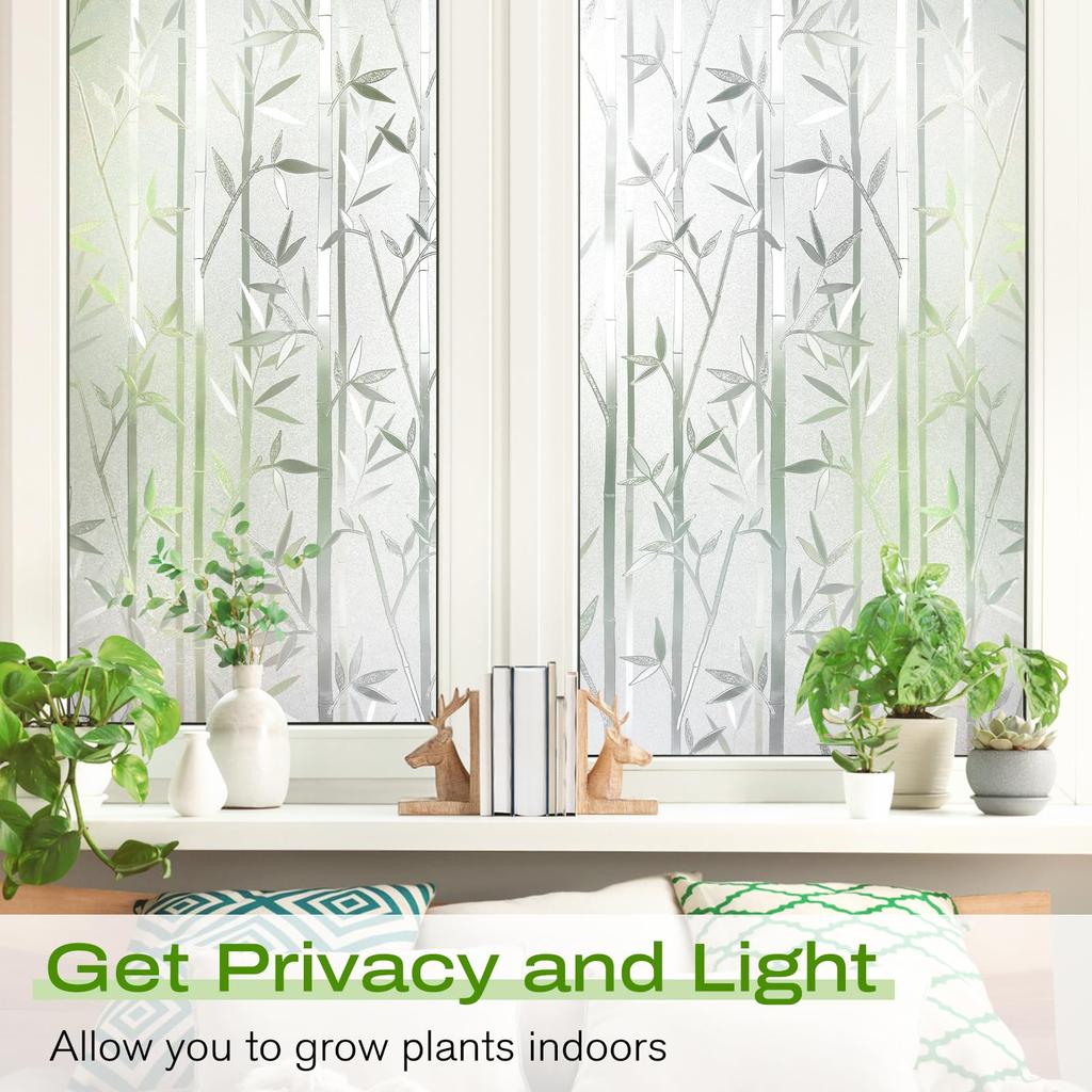 Frosted Bamboo PVC Window Film - Static Cling UV Blocking Privacy Cover for Home Bathroom Glass Doors Removable