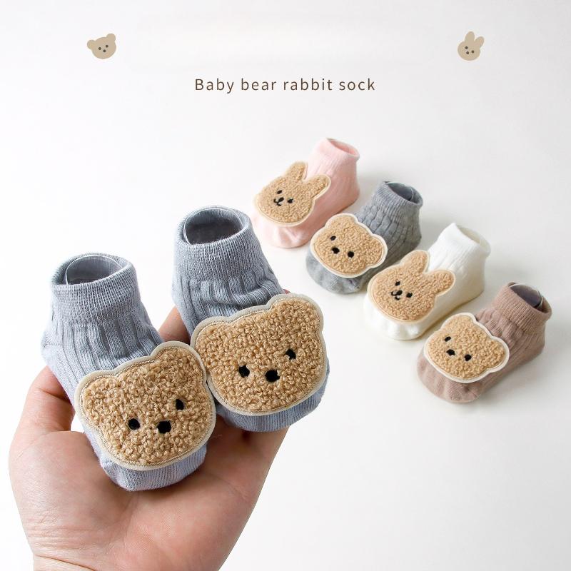 Baby Non-Slip Socks 0-12 Months Gripper Dot Sole Ankle Socks Cartoon Bear Bunny Toddler Breathable Cotton Footies for Crawling