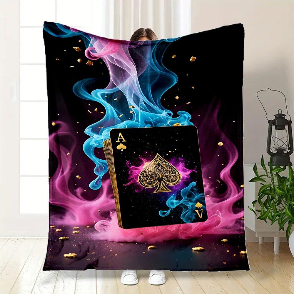 "Golden Ace of Spades Playing Card with Colorful Smoke Effect"Blanket Flannel Throw Blanket for Sofa, Bed, Travel, Camping, Office