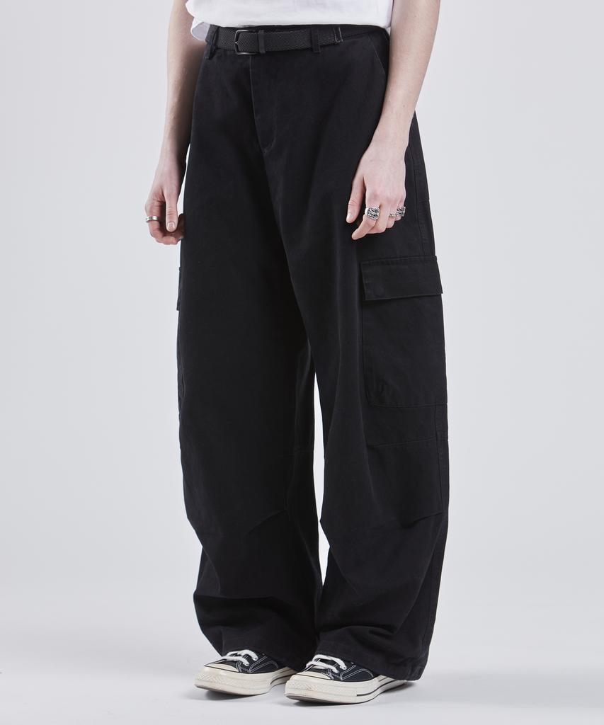 VTWO Washed Wide Cargo Elastic Cotton Pants (Black)
