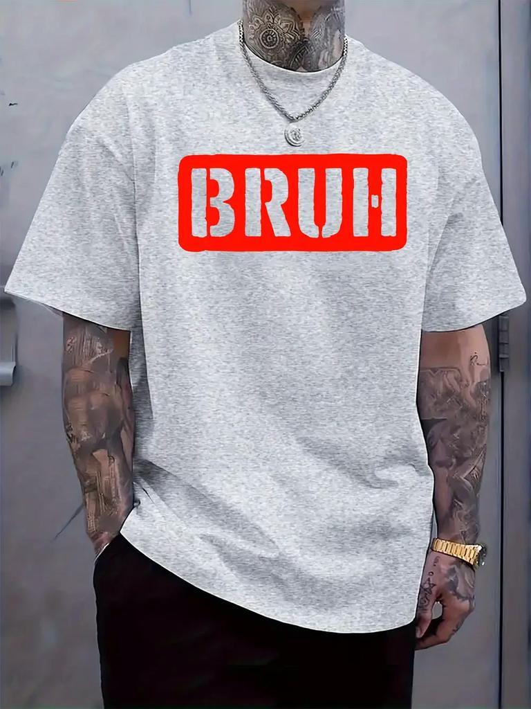 "BRUH" Graphic Print Short Sleeve T-shirt - Light Grey with Red Lettering
