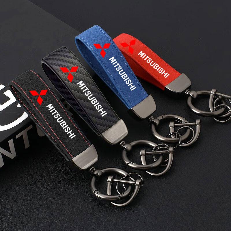 Deluxe Leather Keychain with Car Badge Keychain Pendant for Mitsubishi Lancer ASX Outlander Pajero Evolution Car Accessories