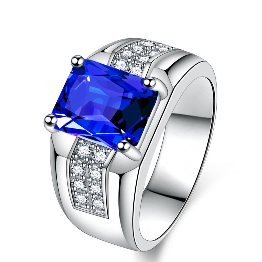 Men's Sapphire Blue Zircon Ring: Stylish Rectangular Fashion Trend