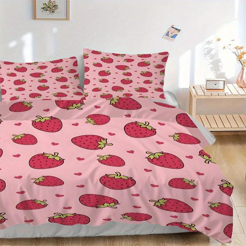 3pcs Strawberry Hearts print bedding quilt cover, soft and comfortable quilt cover suitable for bedroom and guest room200