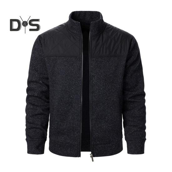 Осень-зима мужская куртка трикотажная пэчворк застежка-молния воротник стойка кардиган длинные рукава средней длины приталенный крой термопальто