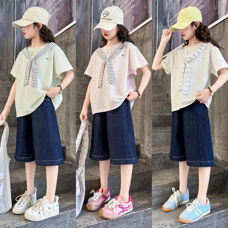 Girls' College Style Set 2026 Summer New Striped Tie T-shirt Clear Color Jeans Middle and Large Children's Two Piece Set