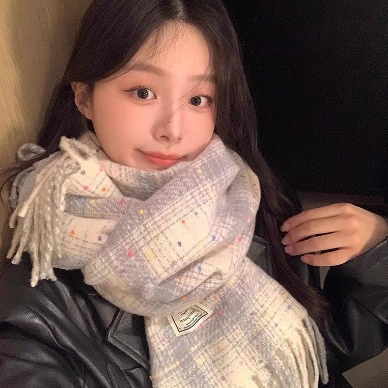 Xiao Tangdou Thickened Plaid Cashmere-Feel Scarf Shawl for Women - Korean Style