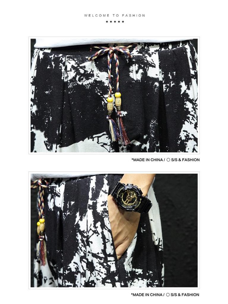 2023 Мужские осенние брюки большого размера из хлопка и льна с цветочным принтом в стиле ретро Slim-Fit