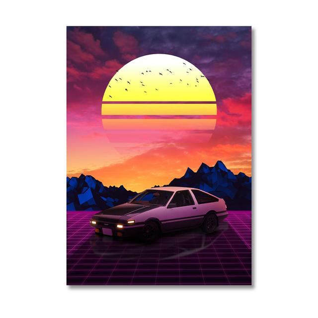 80S Винтаж Неоновый Спортивный Автомобиль Закат Пальма Картина Маслом Старинный Плакат Гостиная Стены Искусства