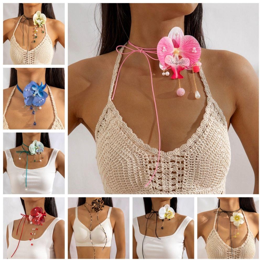 Drawstring Butterfly Orchid Clavicle Chain Lace Up Korean Style Choker Flower Necklace Jewelry
