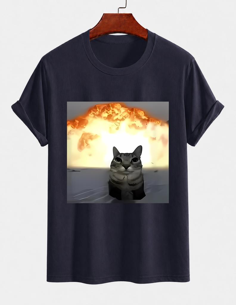 2026 New Cotton Tshirt With Explosion Background Calm Cool Cat Fun Emoji Print Casual Short Sleeve
