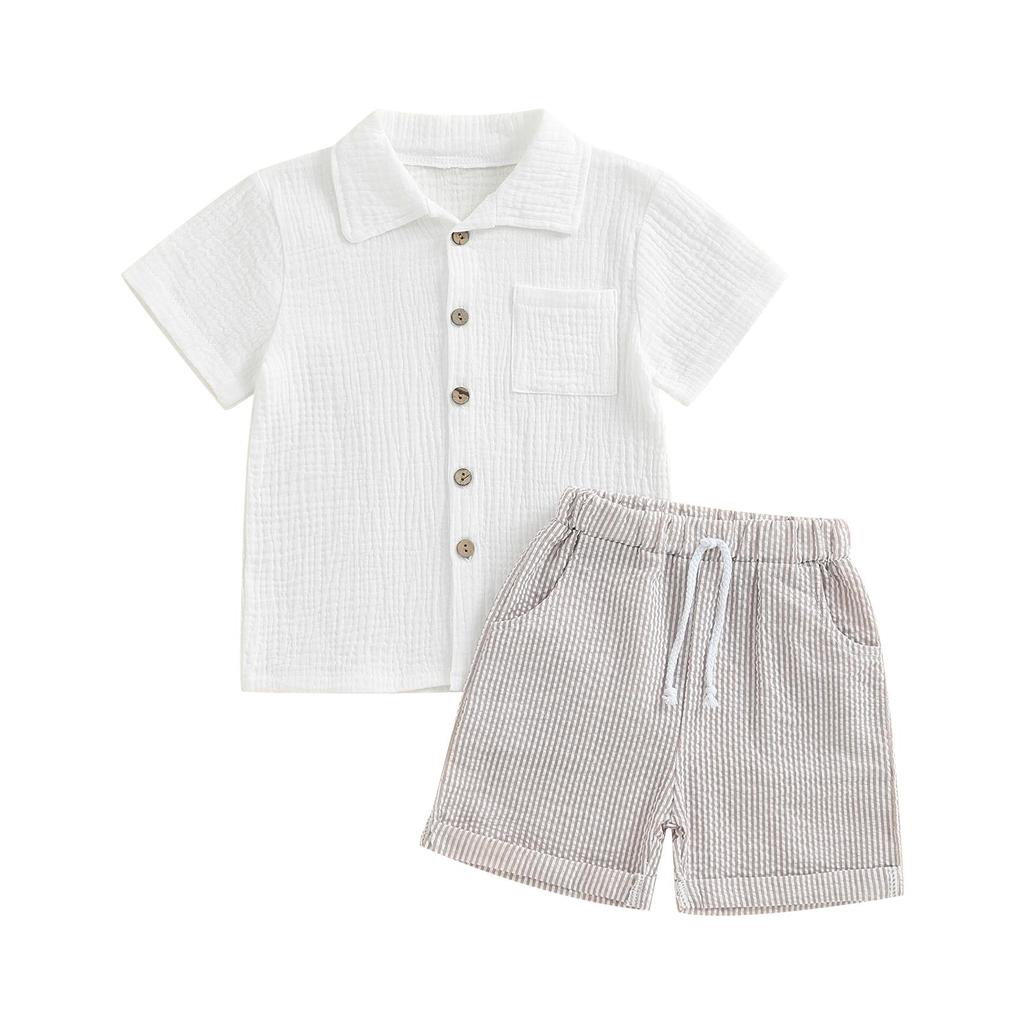 Kids Boys Summer 2-Piece Outfits Short Sleeve Button-Down T-Shirt and Elastic Vertical Stripe Shorts Set