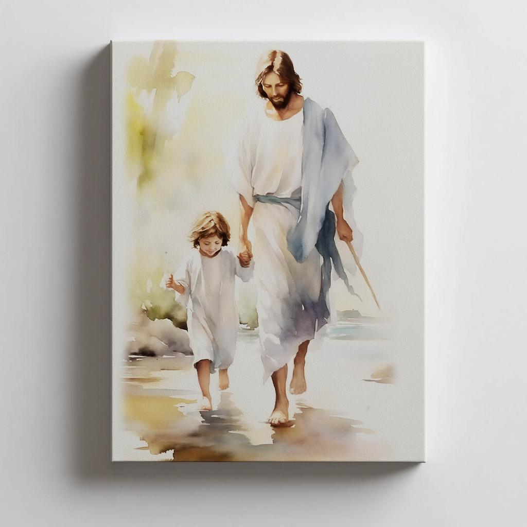 Jesus Walking With Child Jesus Walking With Child, 50X70 Cm, Unframed, Premium Canvas On Stretcher