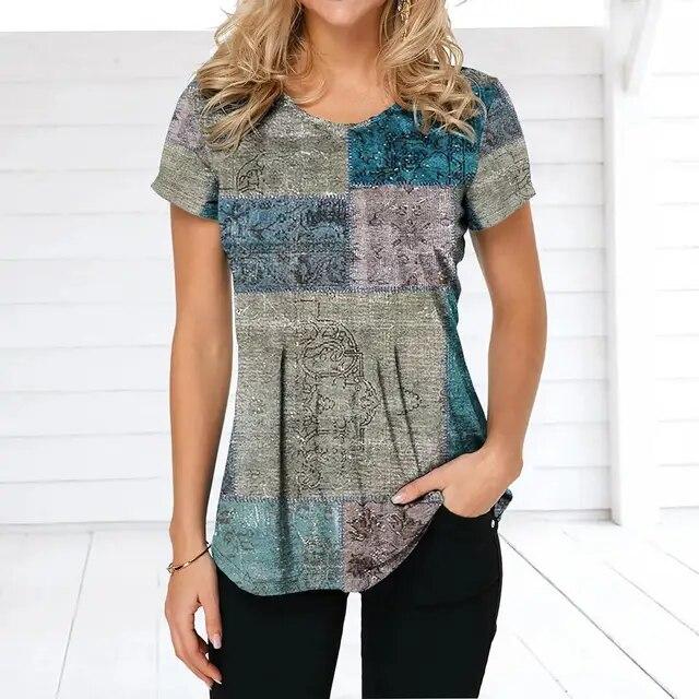 Женская футболка в стиле ретро, ​​футболки с клетчатым принтом, лоскутная одежда, блузка с круглым вырезом и короткими рукавами, женские топы большого размера, женская рубашка в стиле Харадзюку