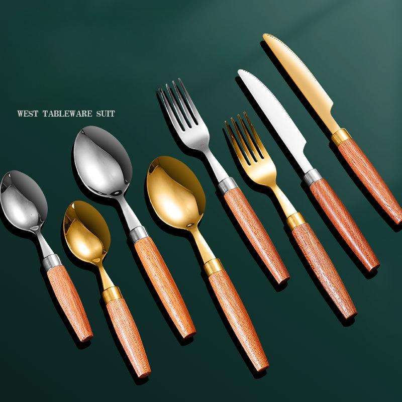 Столовые приборы из нержавеющей стали 304, деревянная ручка сапеле, нож, вилка и ложка в западном стиле, простые столовые приборы, четыре набора