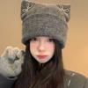 Autumn and winter hat women's bow cat ears knitted hat big head circumference showing face small warm wool hat