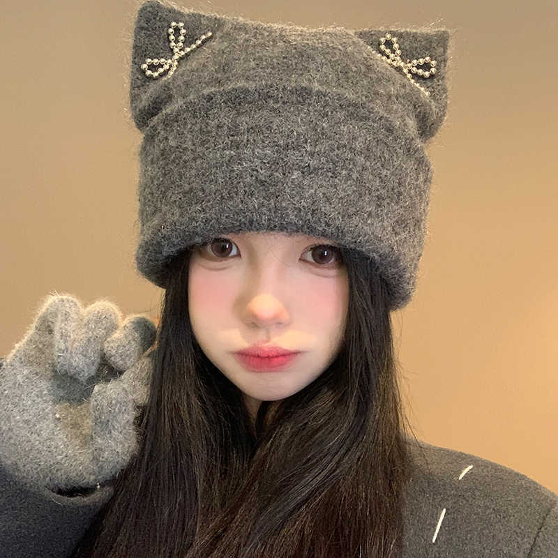 Autumn and winter hat women's bow cat ears knitted hat big head circumference showing face small warm wool hat