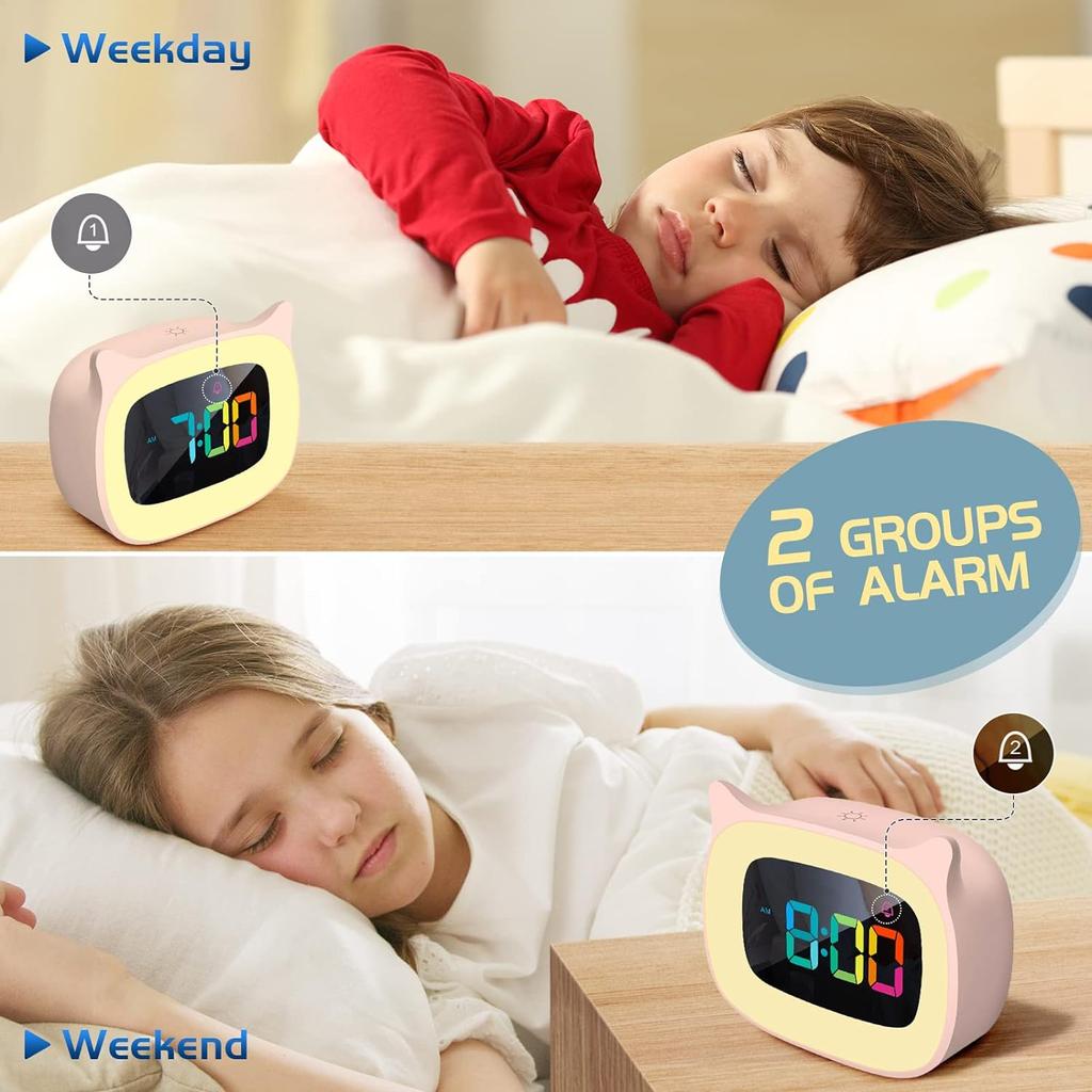 Милый будильник с кошачьими ушками, 7-цветным ночником RGB и 18 мелодиями звонка, перезаряжаемые часы для детской спальни