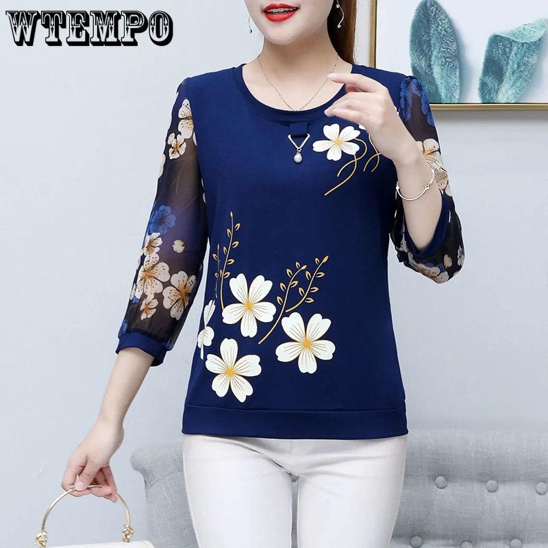 WTEMPO Весенне-летние шифоновые рубашки, женские футболки с рукавами 3/4 с цветочным принтом, женские повседневные свободные топы с тонким дном