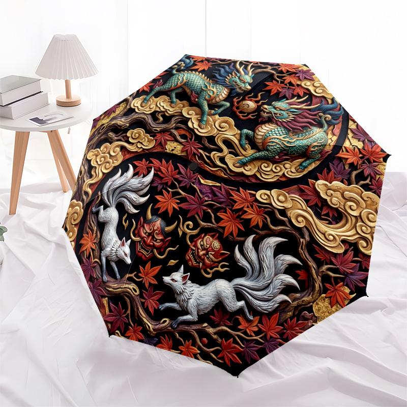 1pc Japanese Mythology, Dragons, Fox Spirits Umbrella with Plastic Handle,Compact & Stylish,Suitable for All Seasons YS331100